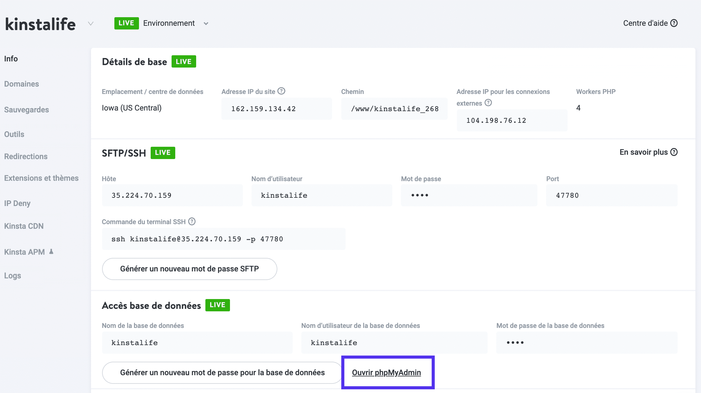 Accéder à phpMyAdmin dans MyKinsta