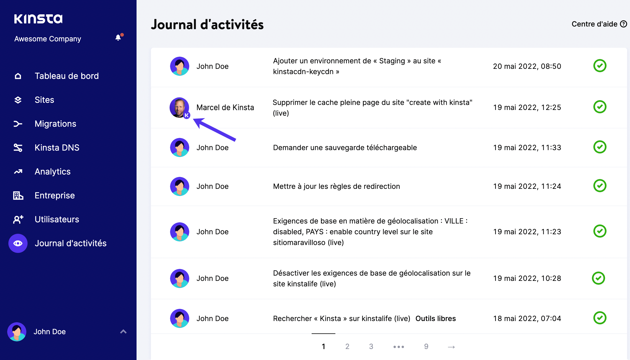 Logs d’activité MyKinsta