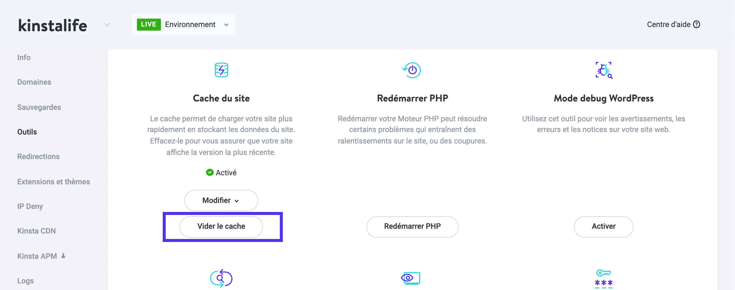 MyKinsta - Vider le cache