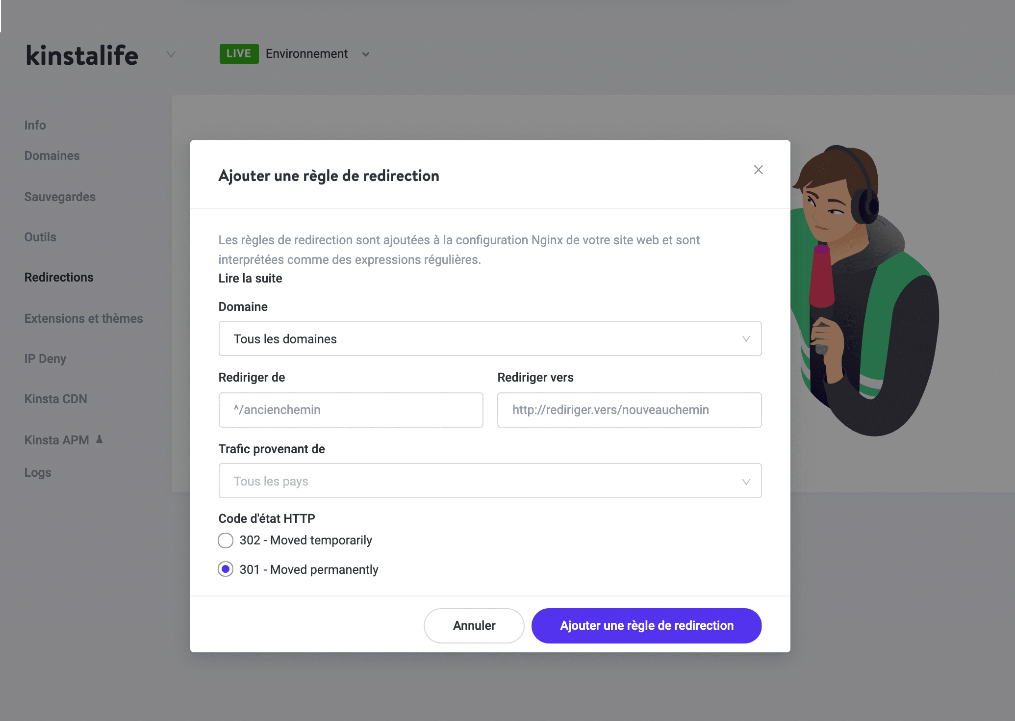 Créer des redirections dans MyKinsta