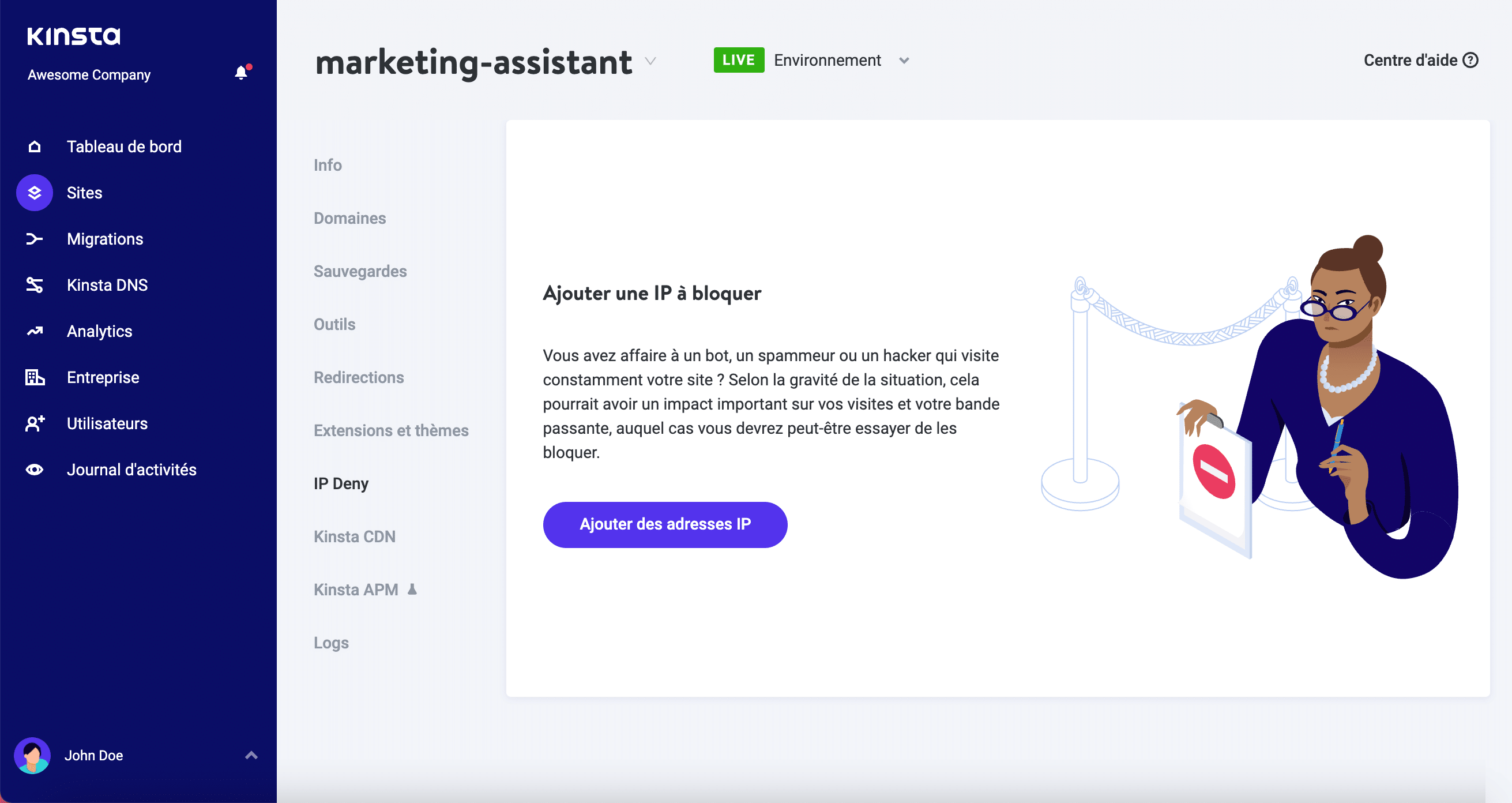 L'outil IP Deny dans MyKinsta.