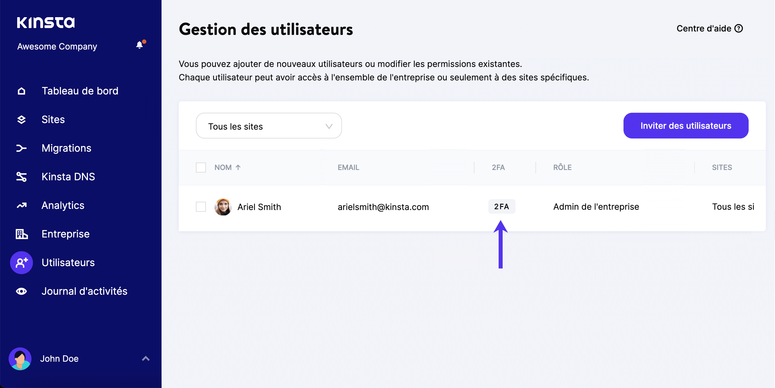 Authentification à deux facteurs MyKinsta (2FA)