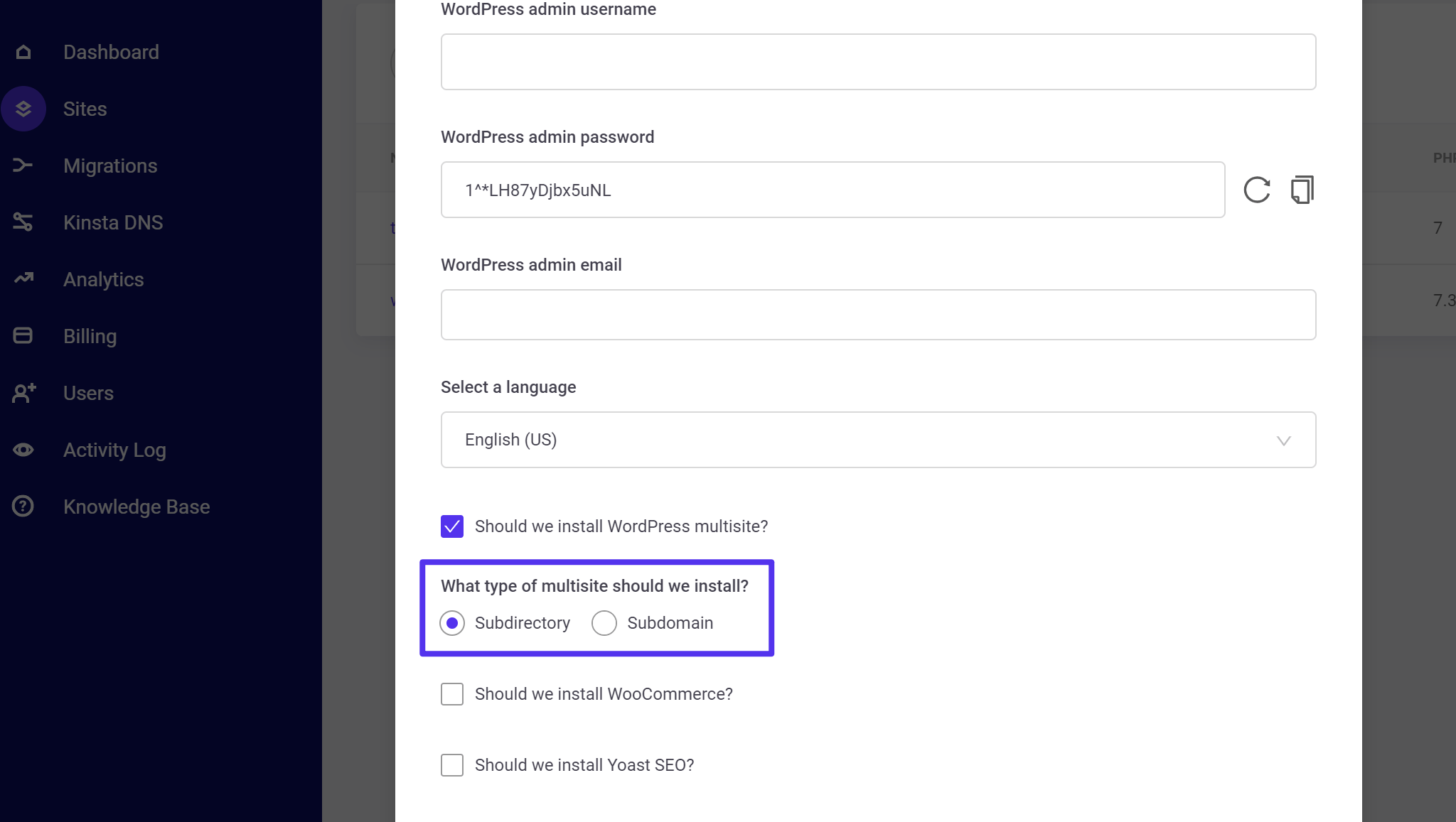 L'outil d'installation Kinsta multisite