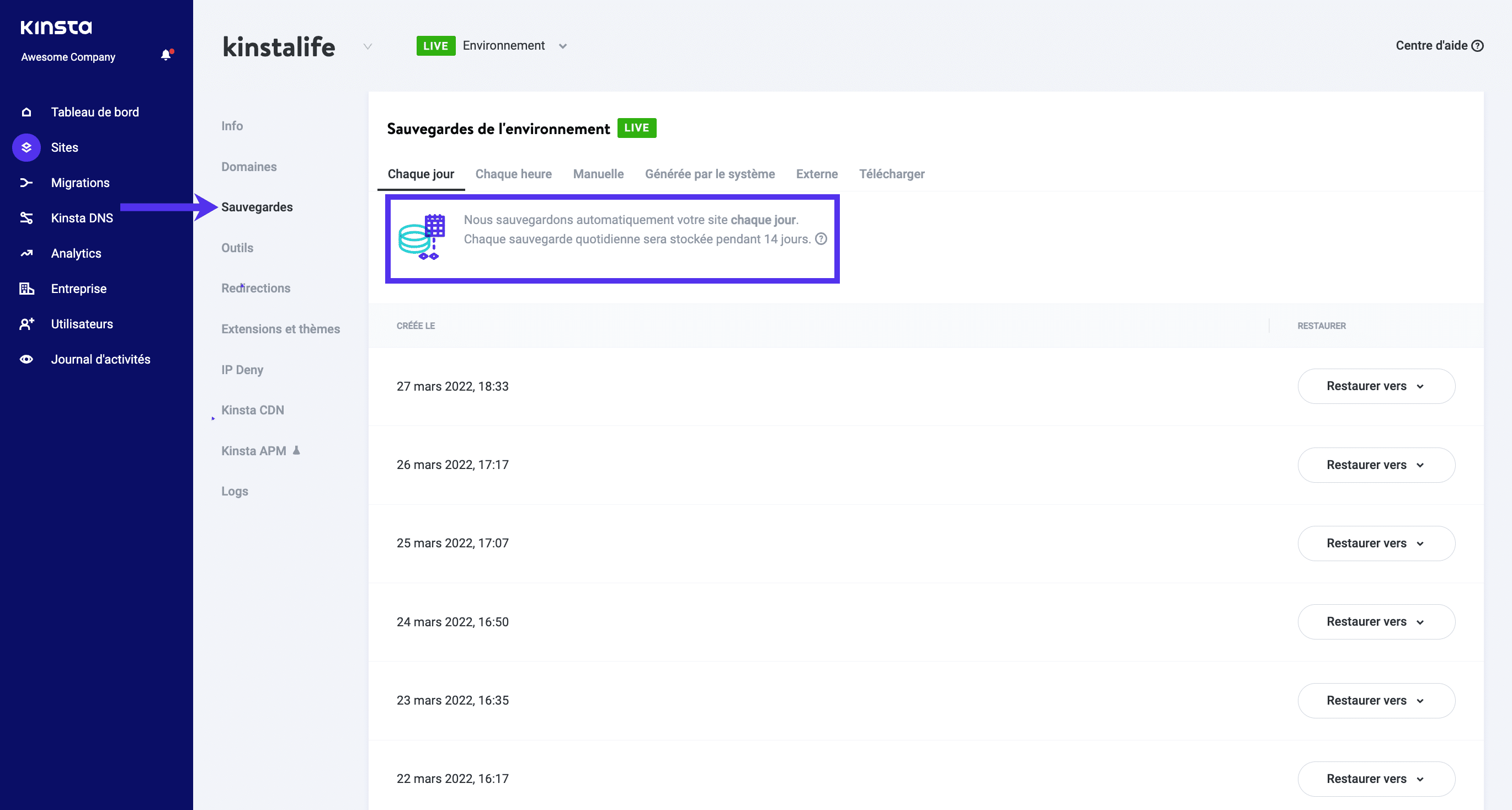 Sauvegardes automatisées quotidiennes de Kinsta