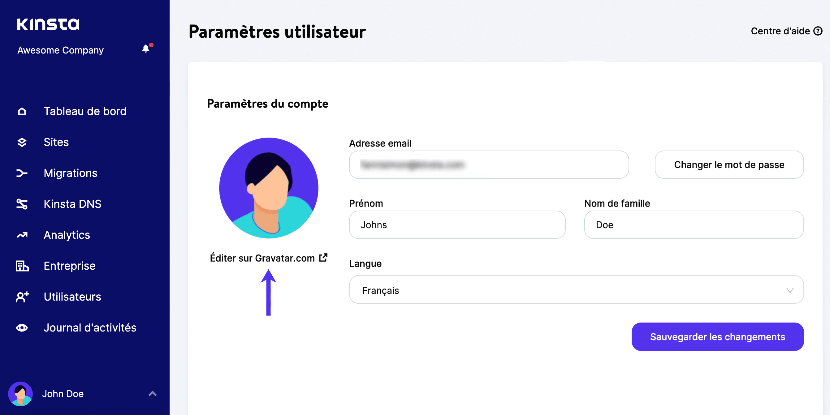 Lien Gravatar dans MyKinsta