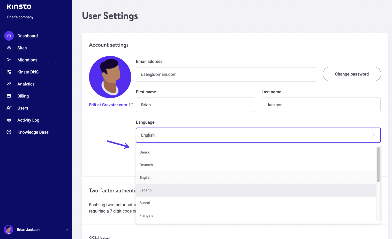 Langue MyKinsta