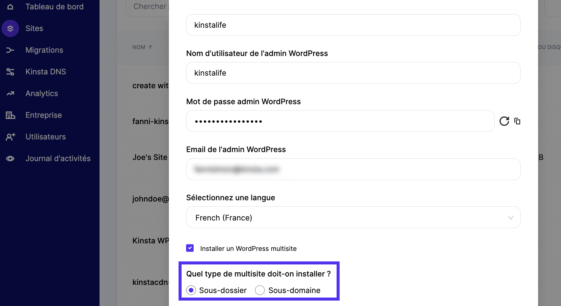 L’outil d’installation Kinsta multisite