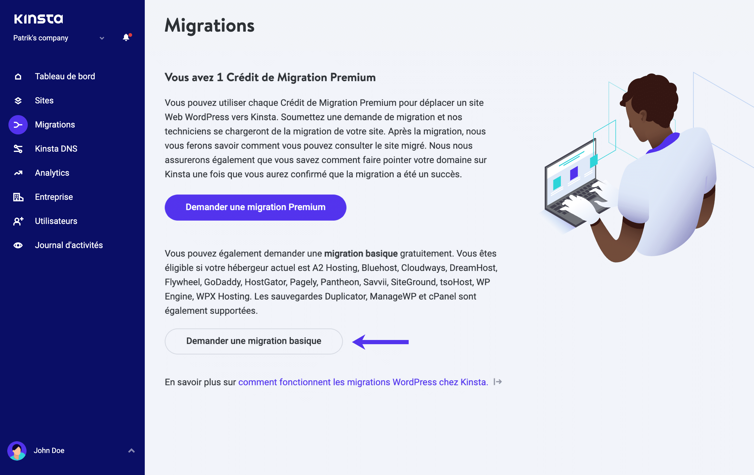 Migrations basiques dans MyKinsta