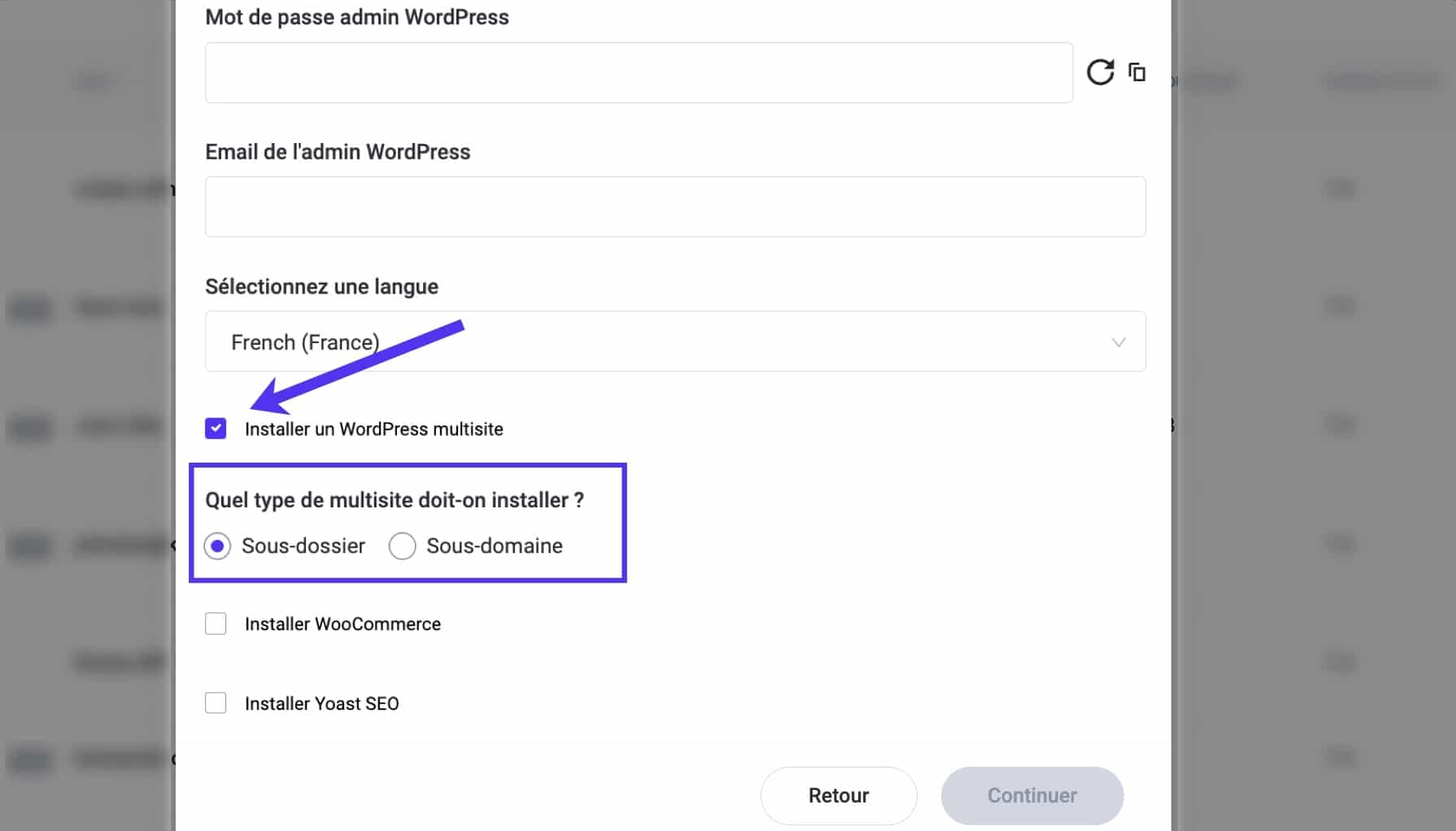 Activer le multisite lors de l’installation de WordPress dans MyKinsta