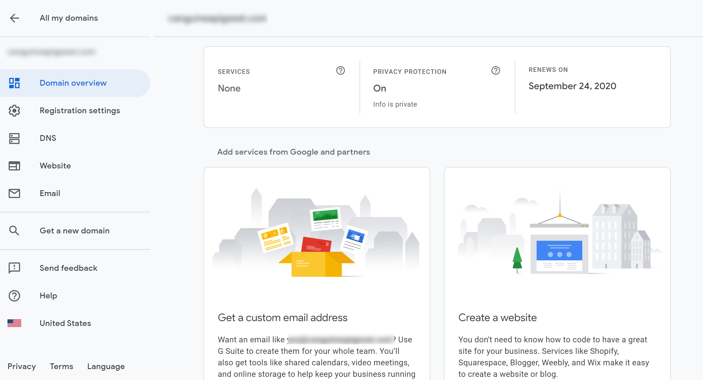 The dashboard of Google domains