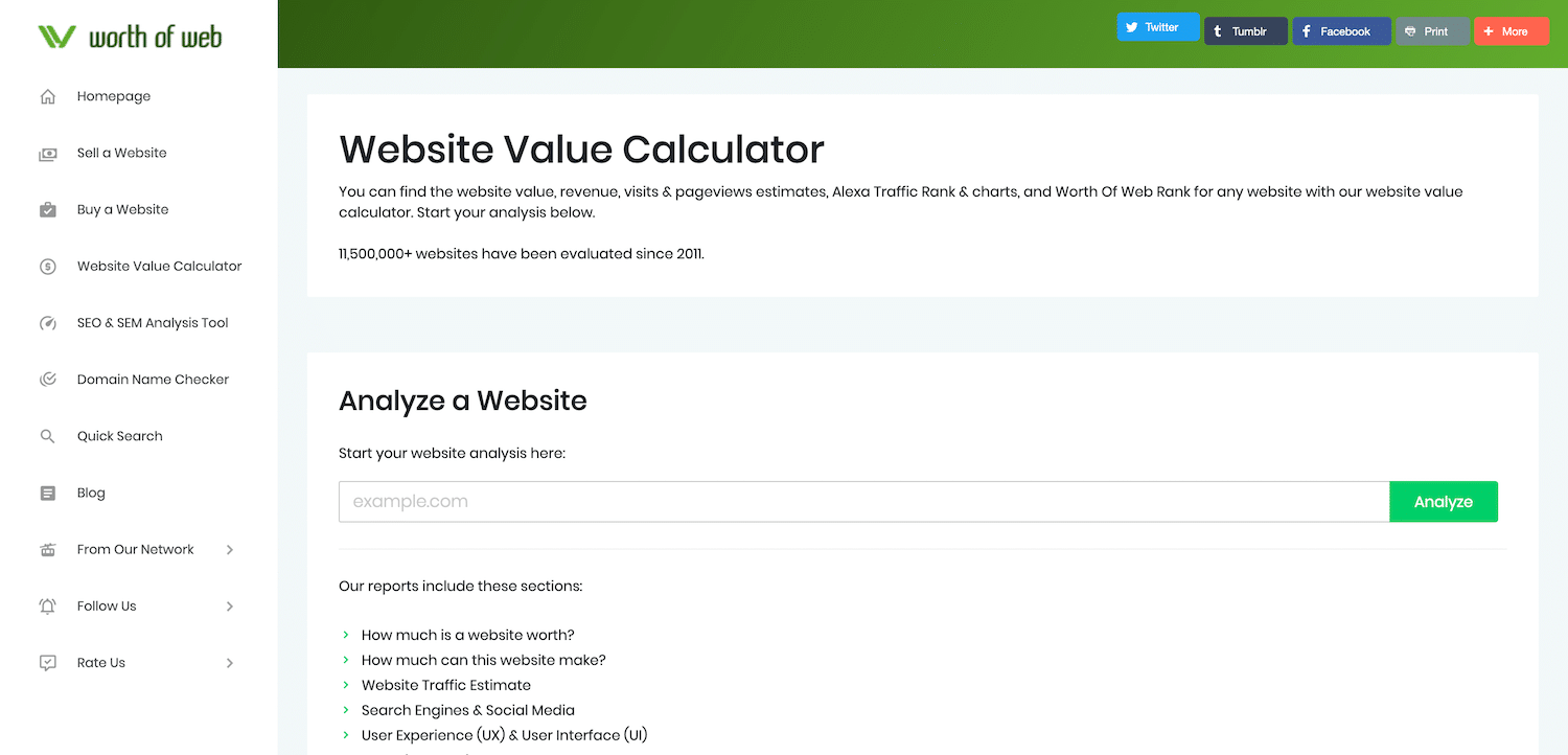 Calculateur de valeur d'un site Web Worth of Web