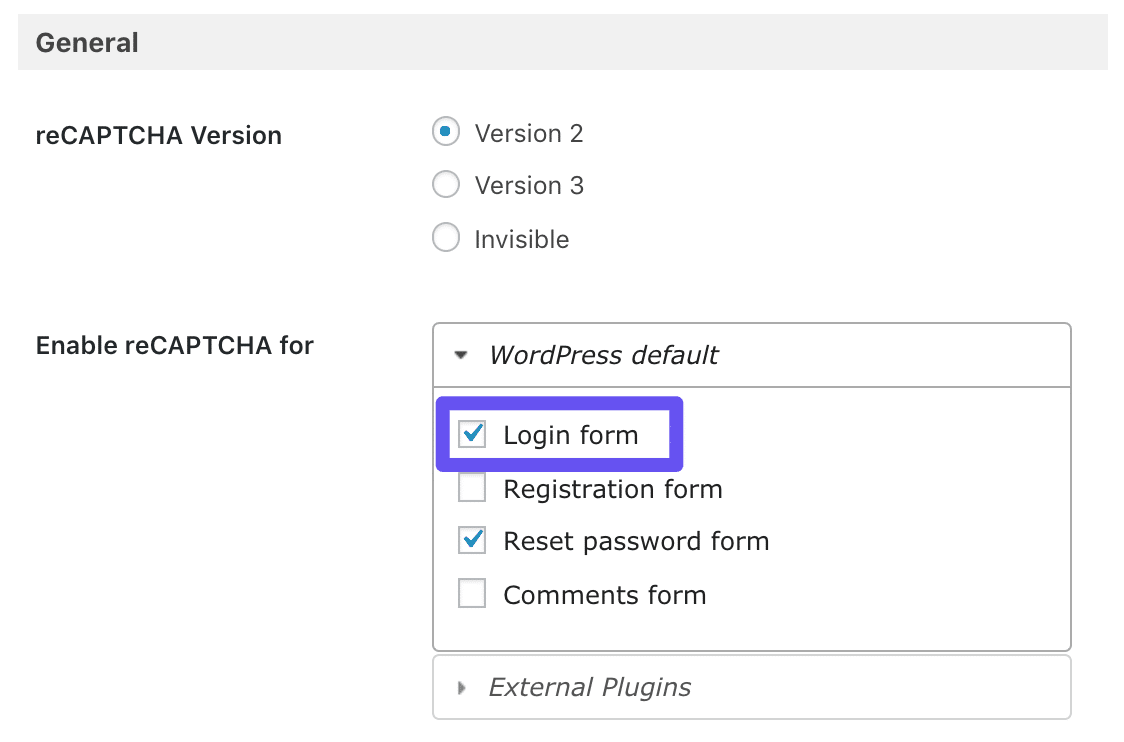 L'option de formulaire de connexion de l’extension Google Captcha