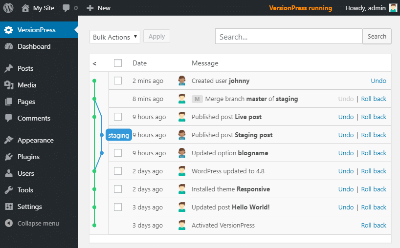 L'interface de VersionPress