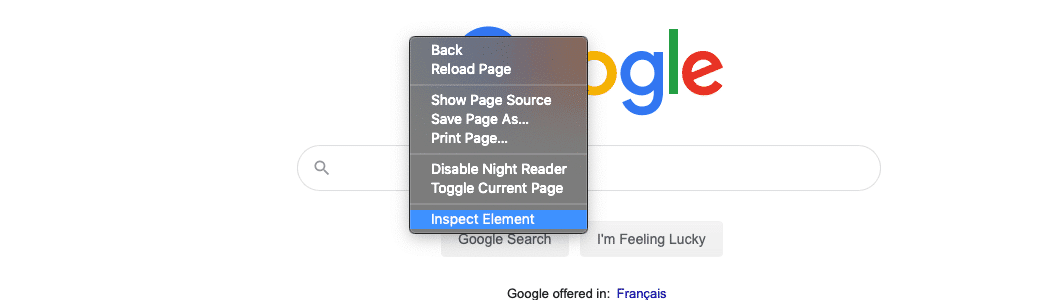 Sélectionnez l'option Inspecter l’élément après avoir cliqué sur la page avec le bouton droit de la souris.