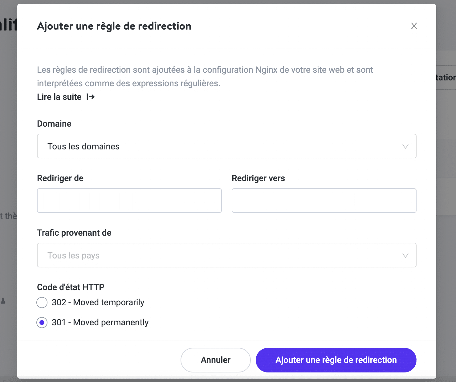 MyKinsta ajoute une règle de redirection