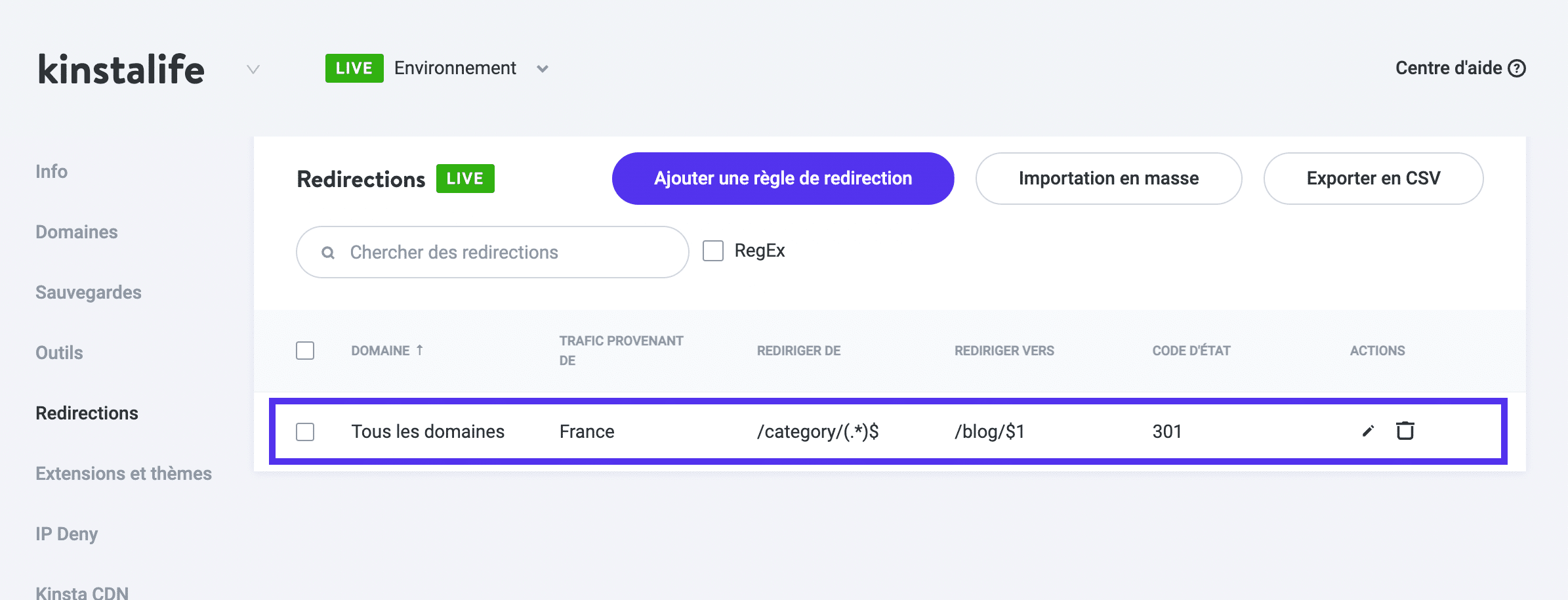 Ajout d'une redirection joker dans MyKinsta