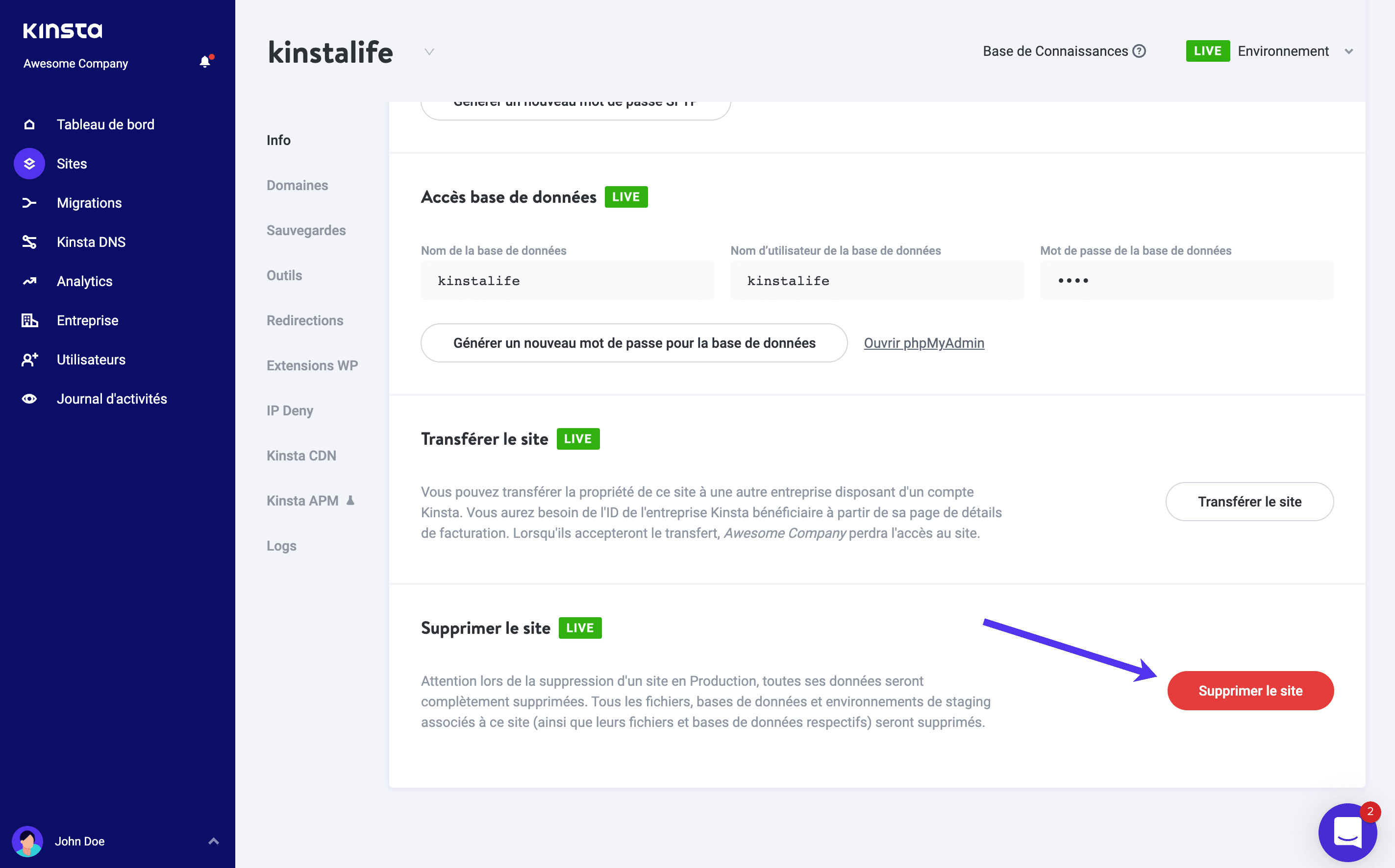 Supprimer un site dans MyKinsta.