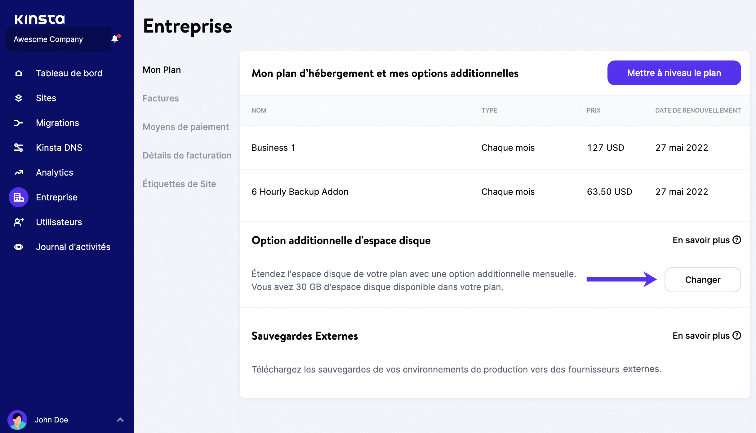 Option additionnelle pour l’espace disque dans MyKinsta