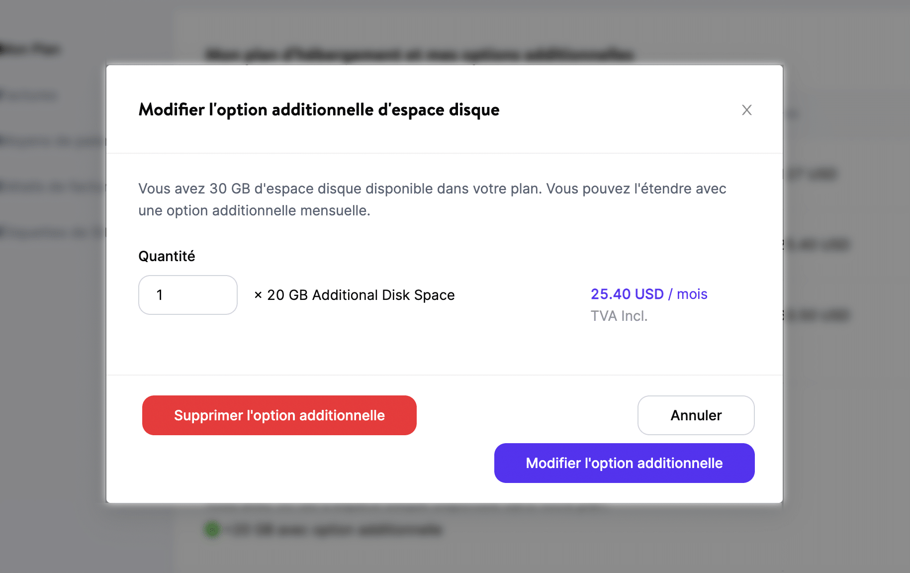 Quantités de l’option additionnelle pour l’espace disque