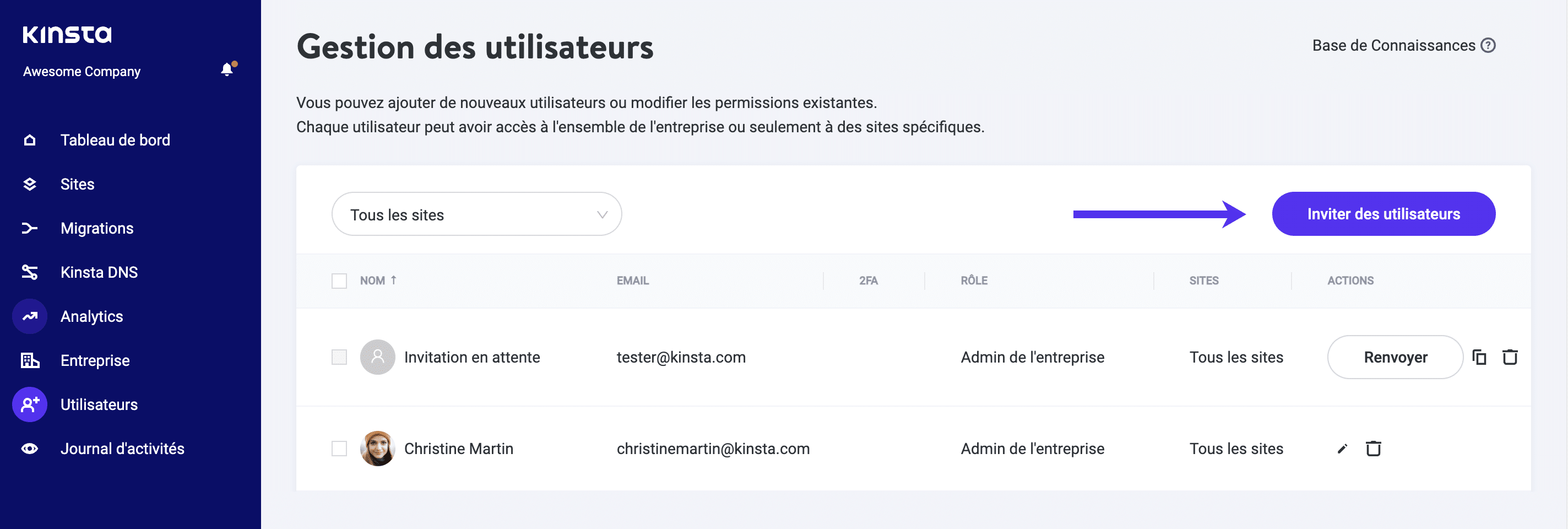 Inviter un nouvel utilisateur dans MyKinsta.