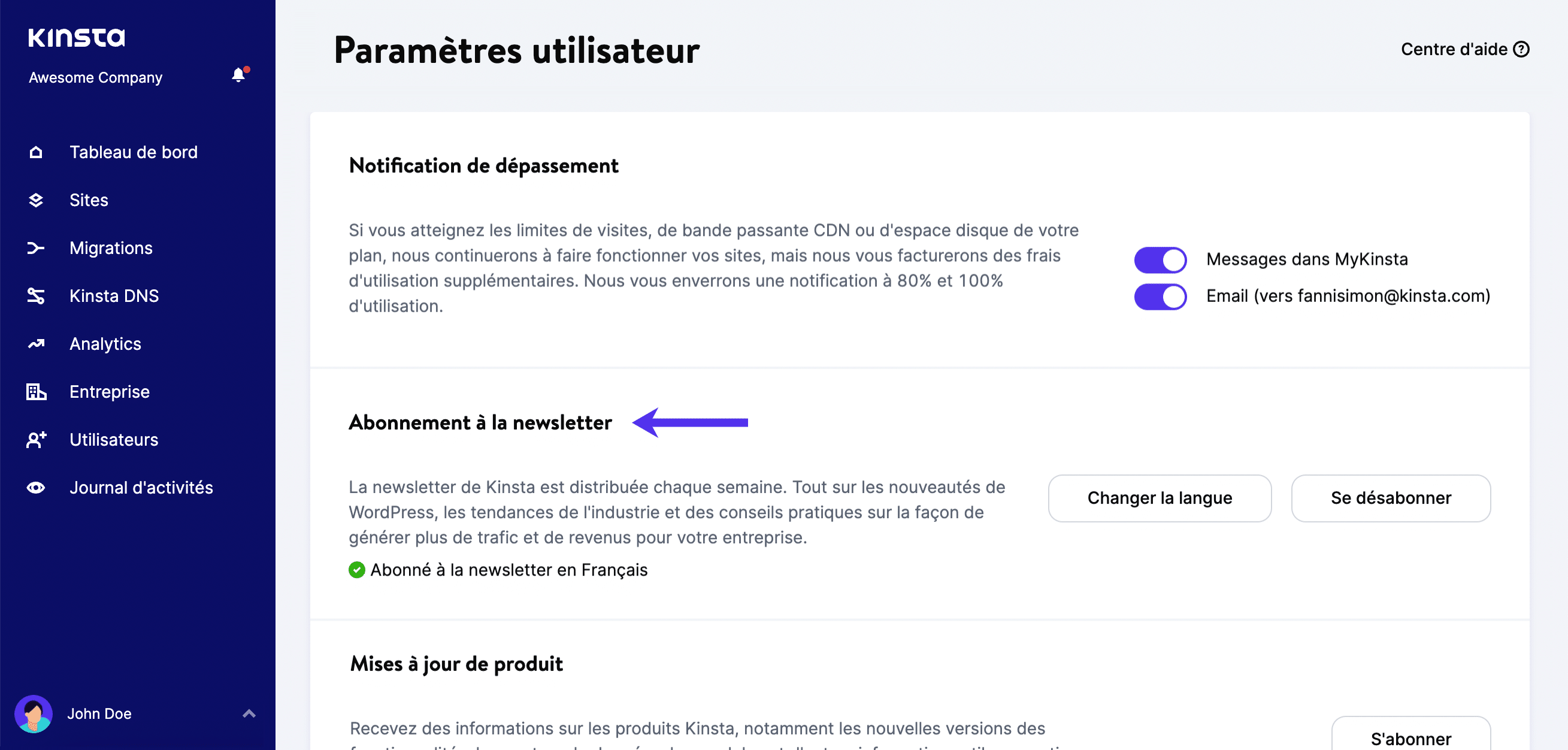 Abonnement à la newsletter dans MyKinsta