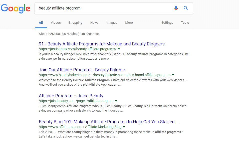 SERP pour « Programme d'affiliation beauté ».