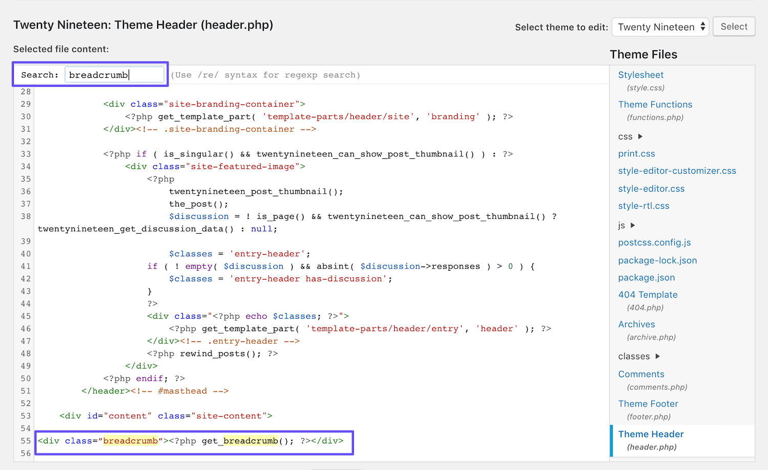 Trouver du code de fils d’Ariane dans le fichier de modèle d'en-tête du thème