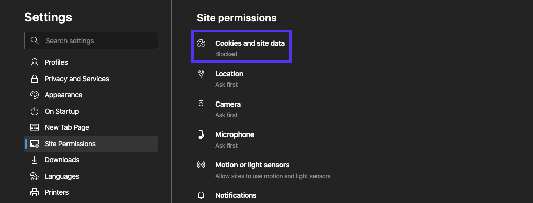 Si les cookies et les données sont bloqués, cliquez sur l'option pour les modifier