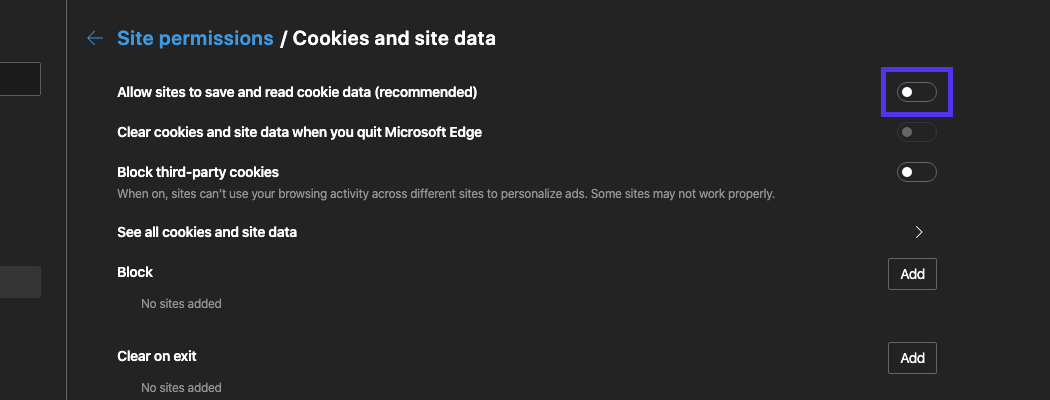 Assurez-vous que Edge autorise la sauvegarde des cookies