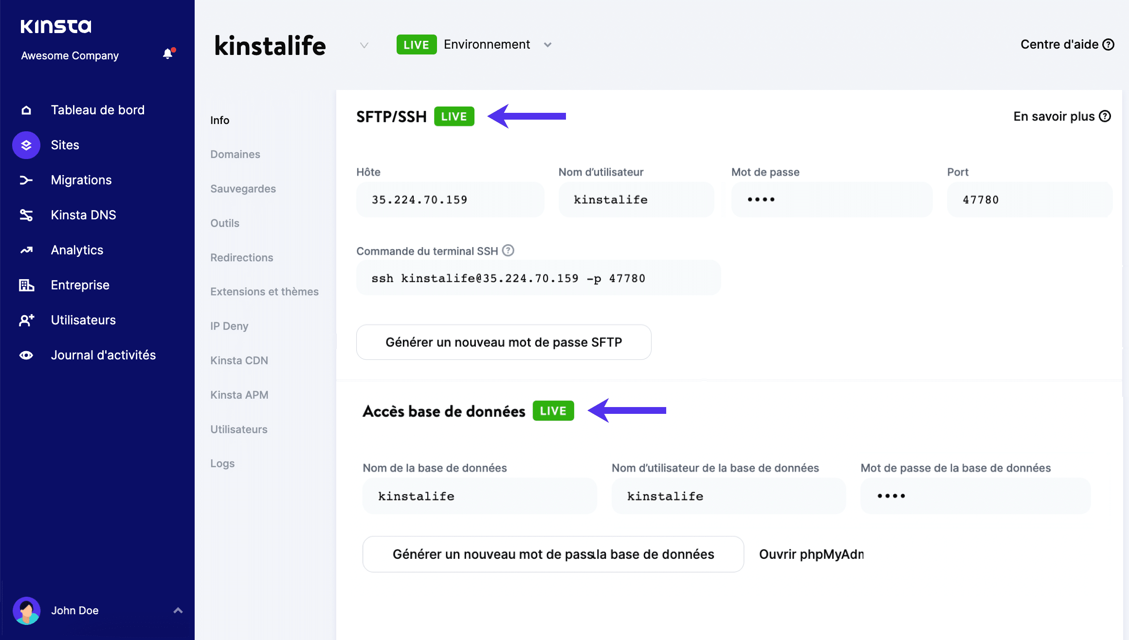 MyKinsta – SFTP/SSH et base de données