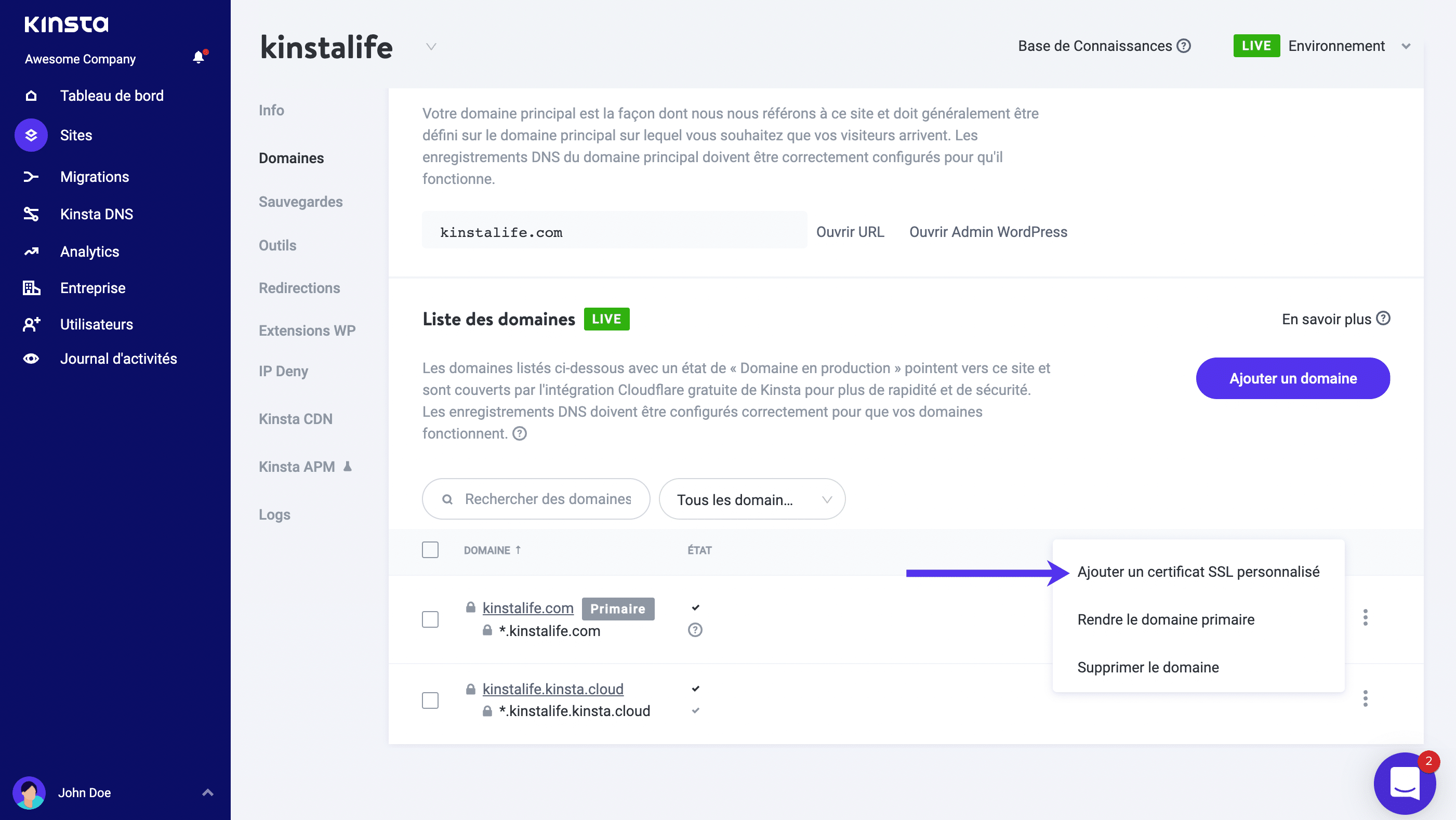 Ajouter un certificat SSL personnalisé.