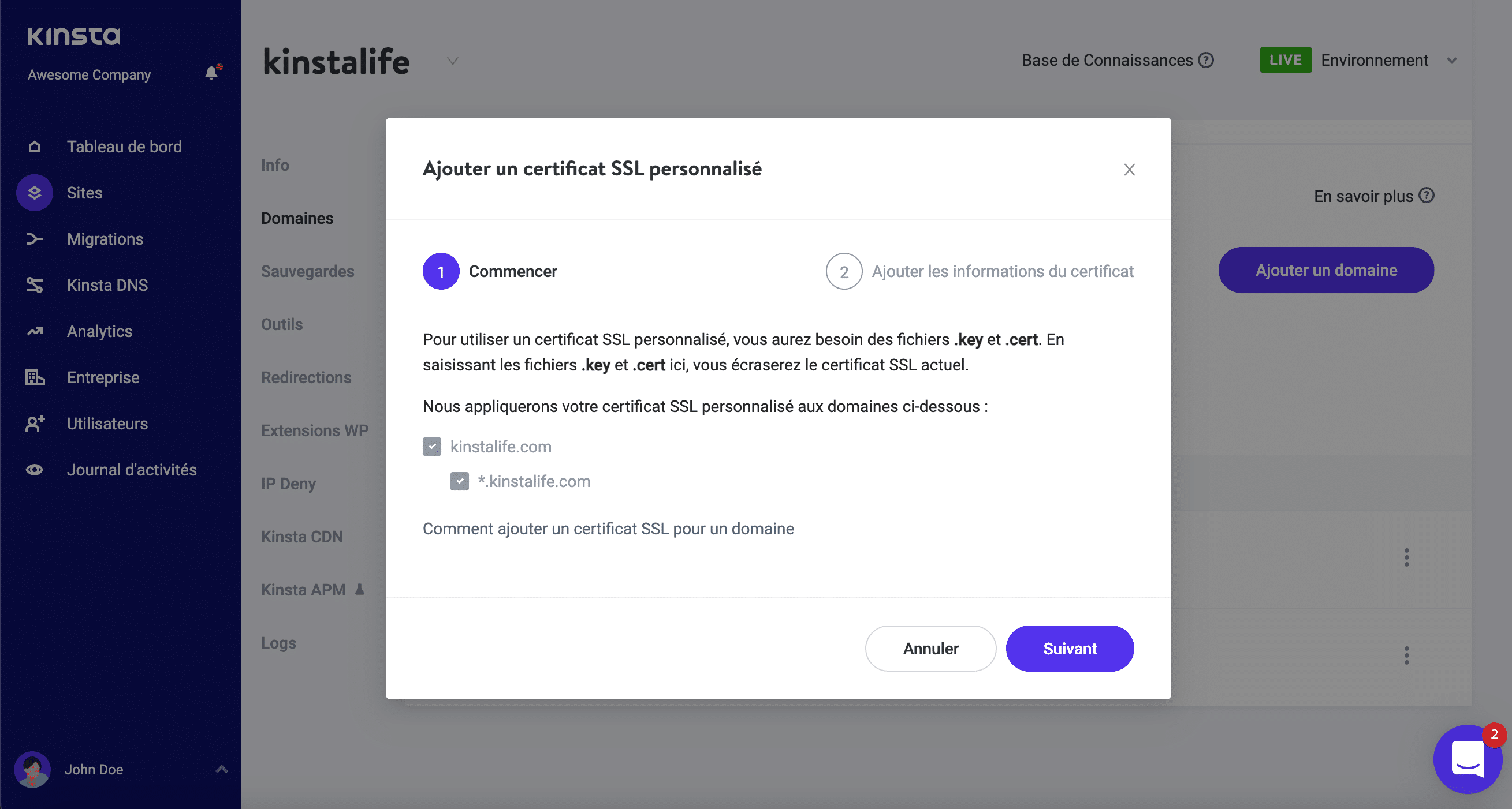 Domaines pour le SSL personnalisé.