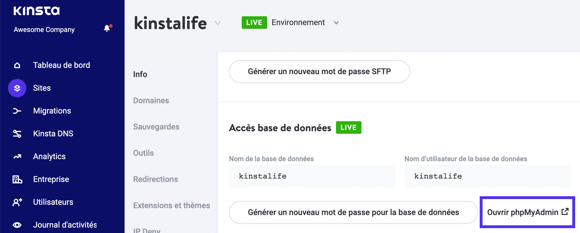 Vous pouvez ouvrir phpMyAdmin depuis votre compte MyKinsta.