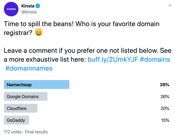 Sondage Kinsta sur les bureaux d'enregistrement préférés