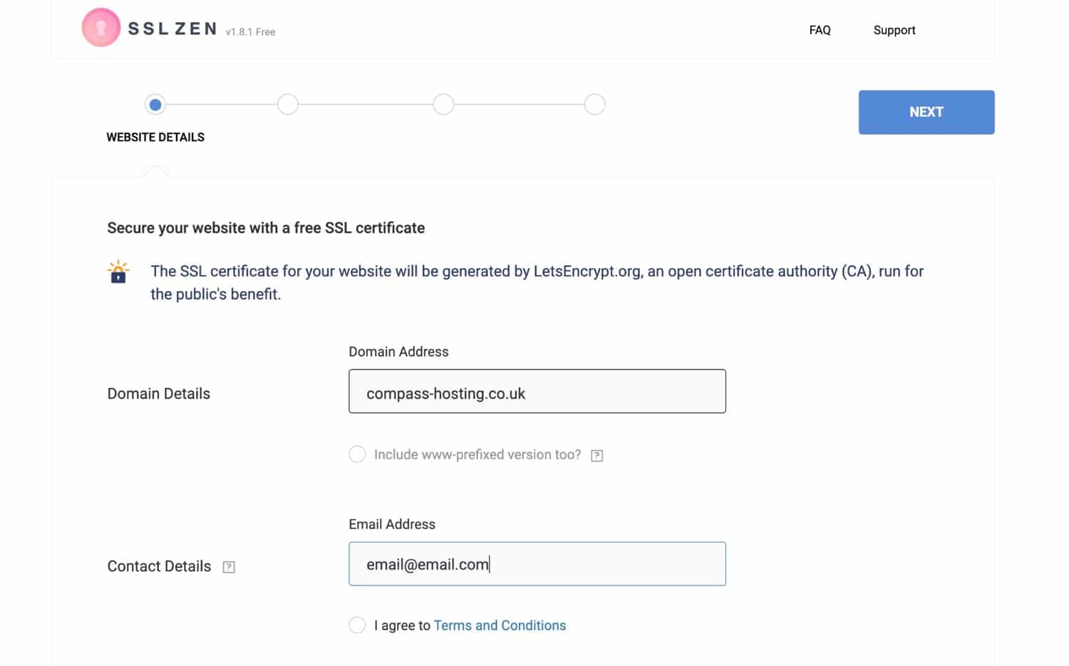 Écran de configuration de SSL Zen