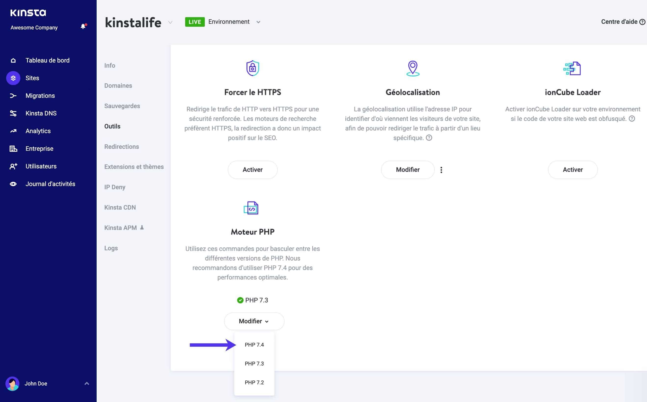 Changement vers PHP 7.4