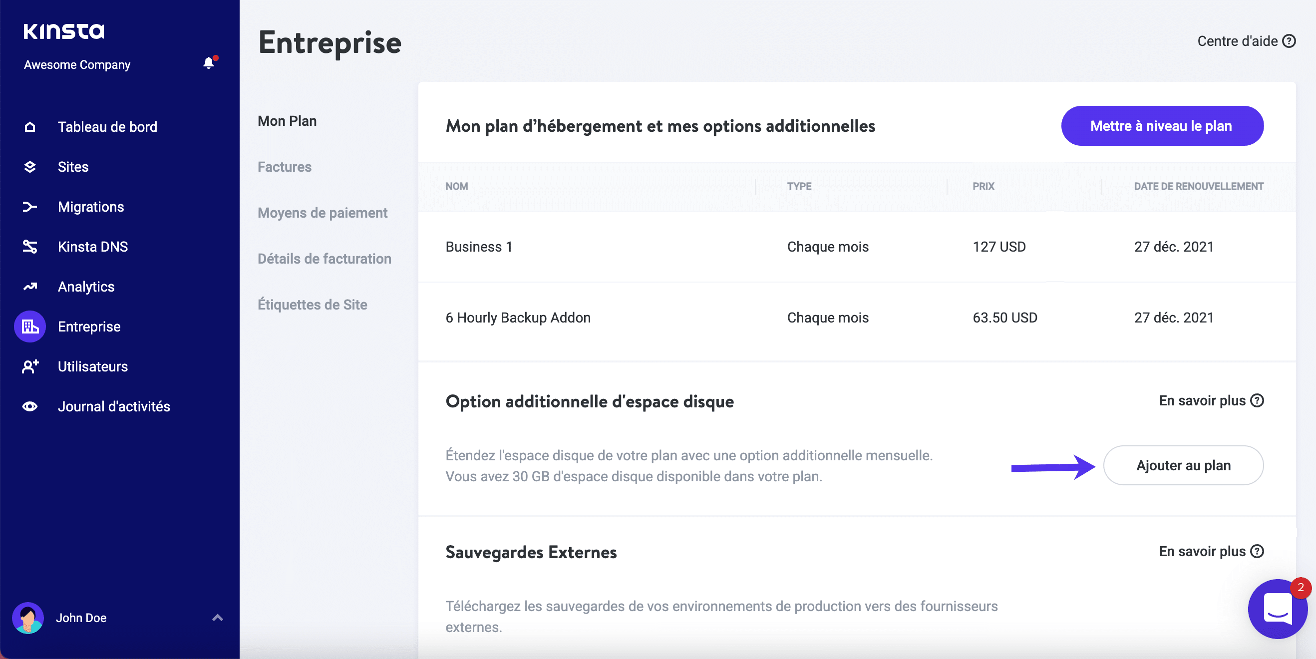 Ajout d’une option additionnelle d’espace disque dans MyKinsta