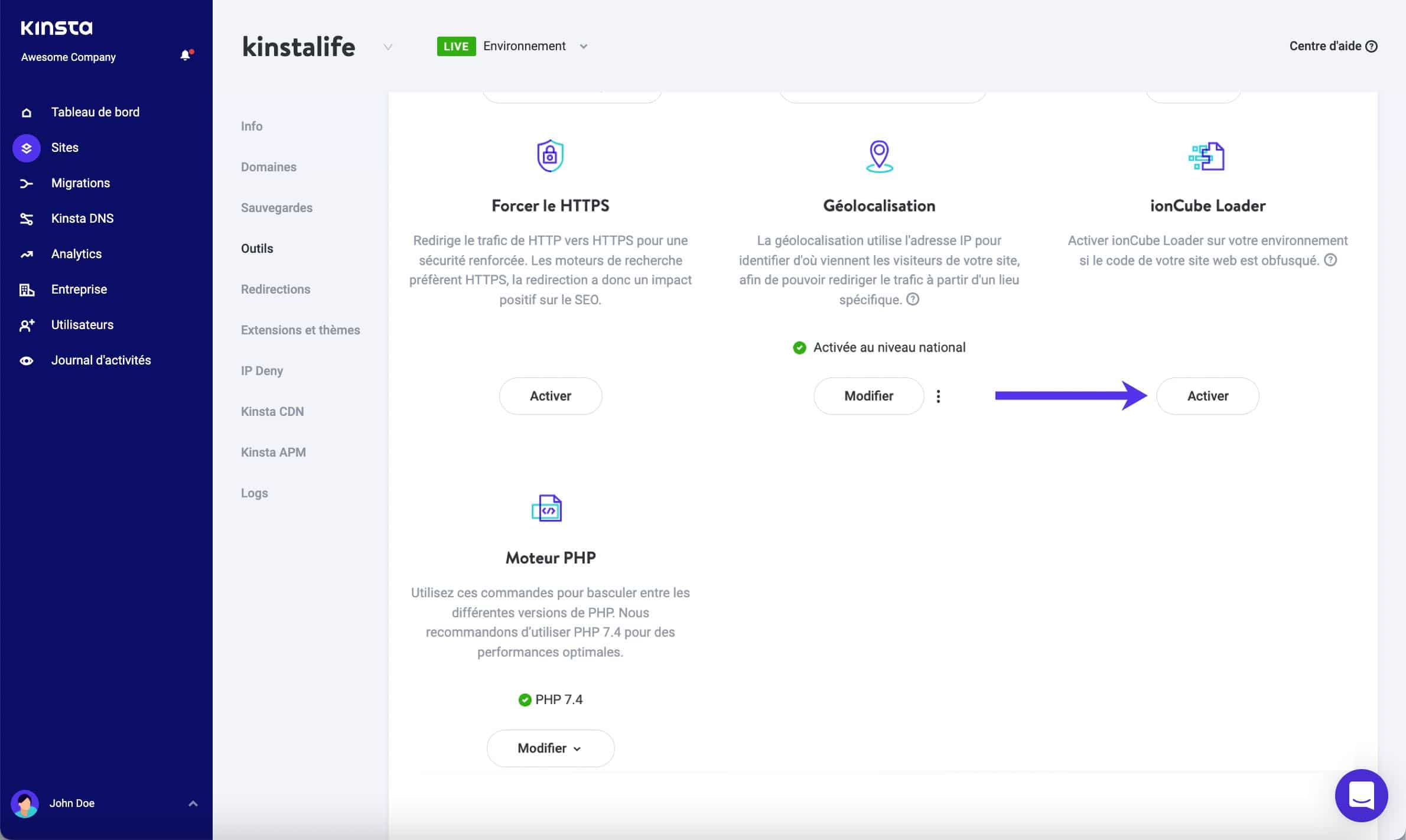 Activer ionCube Loader dans MyKinsta.