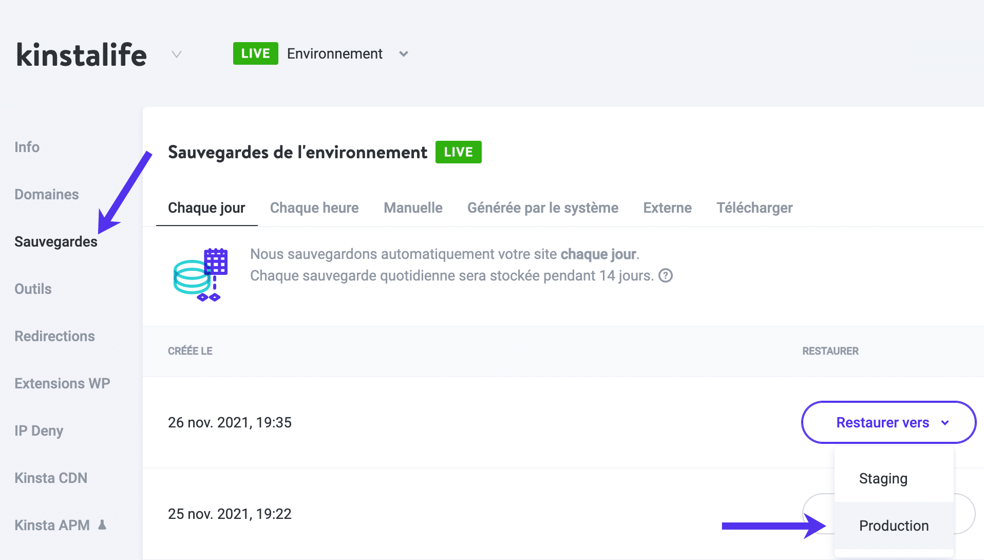 Restaurez votre sauvegarde dans MyKinsta