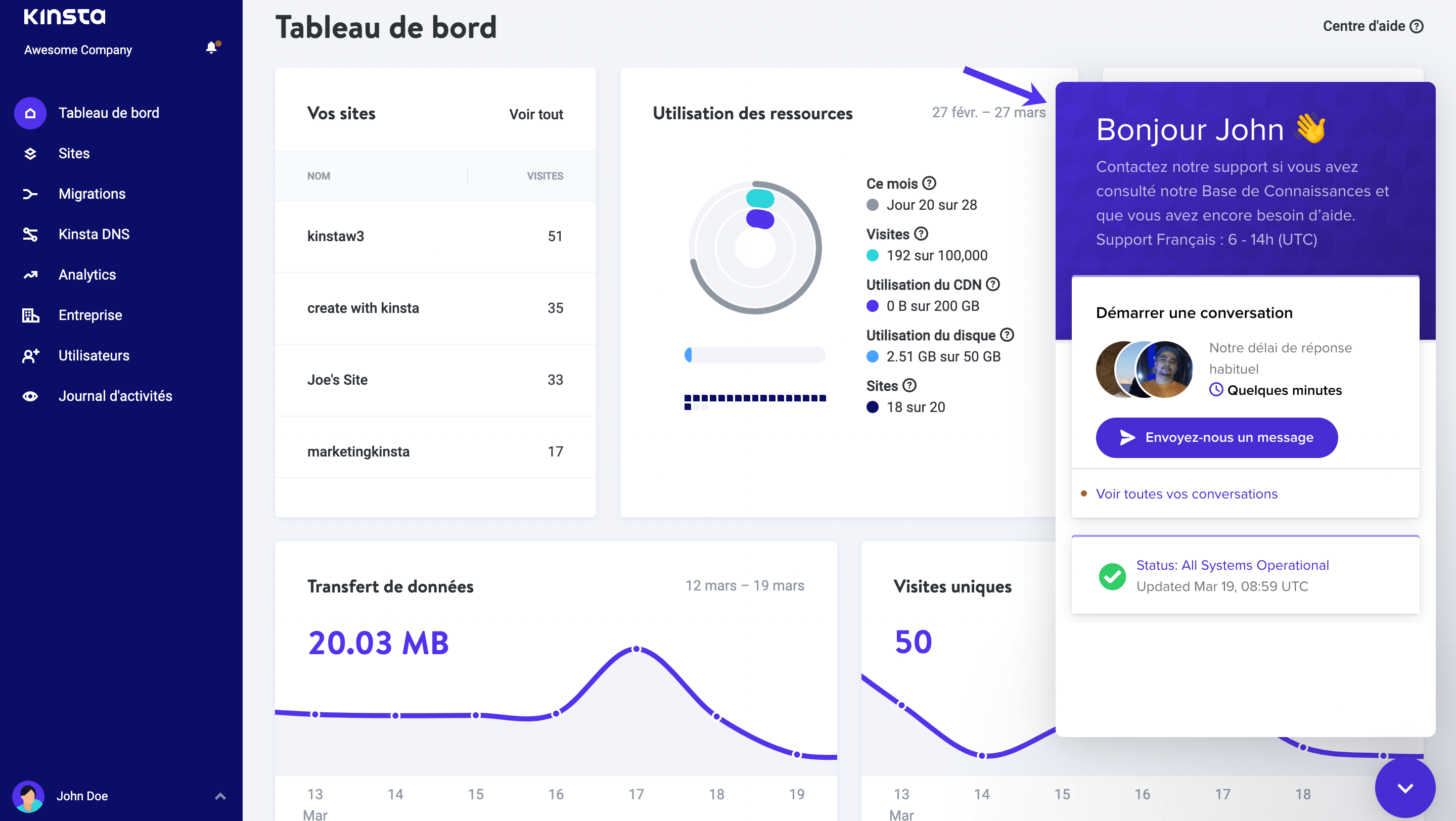 Support dans le tableau de bord MyKinsta