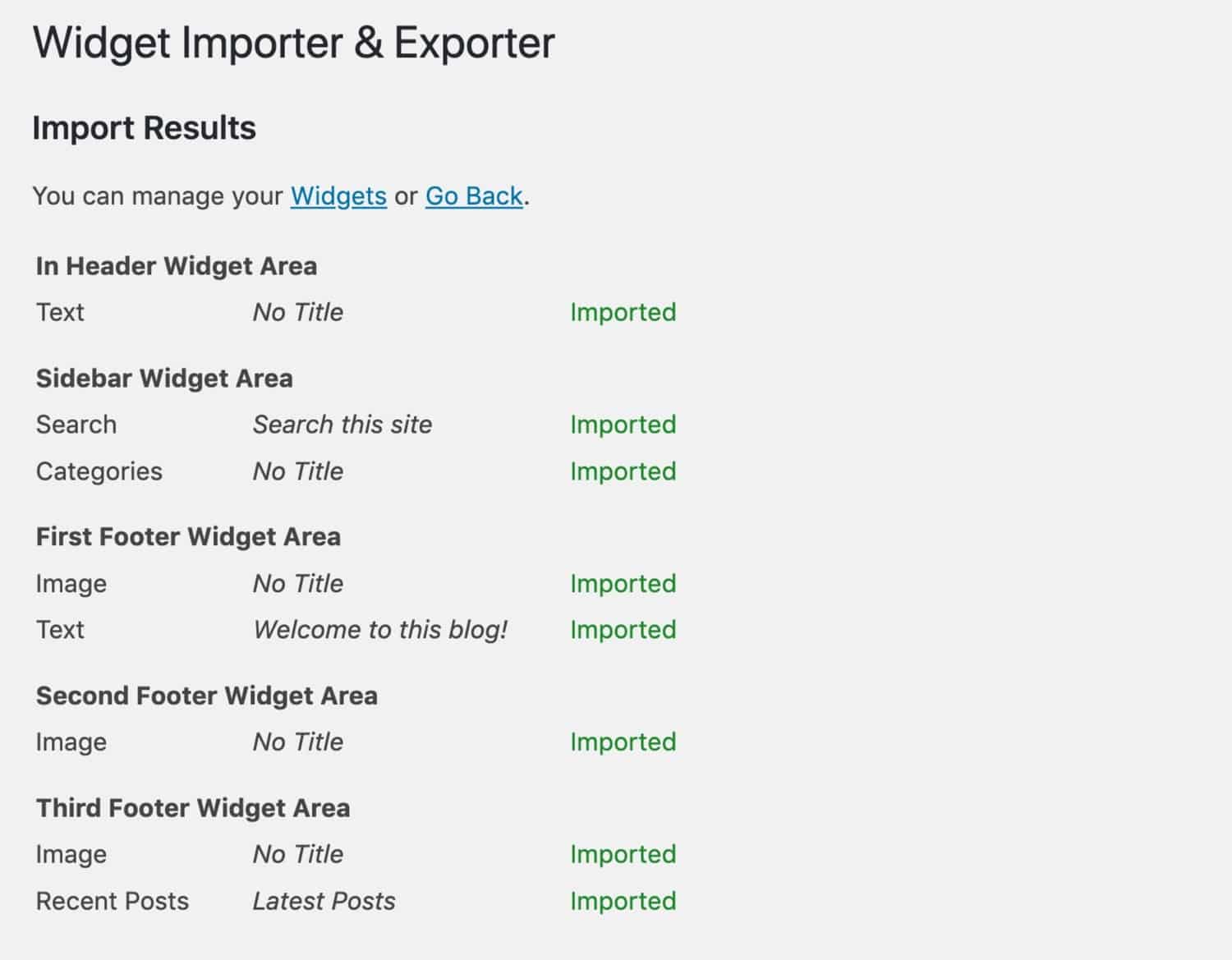Résultats de l'importation des widgets