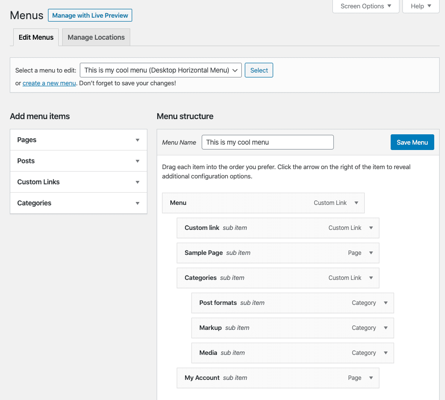 Imbriquer de tous les liens de navigation sous un seule libellé de menu