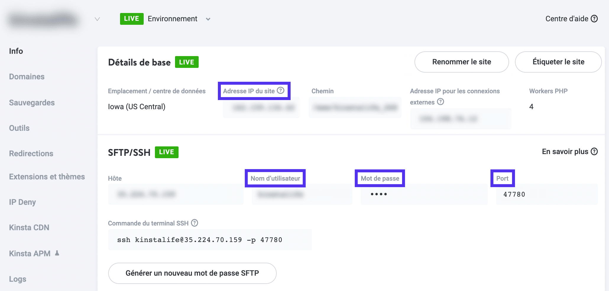 Accès aux identifiants FTP du site dans MyKinsta