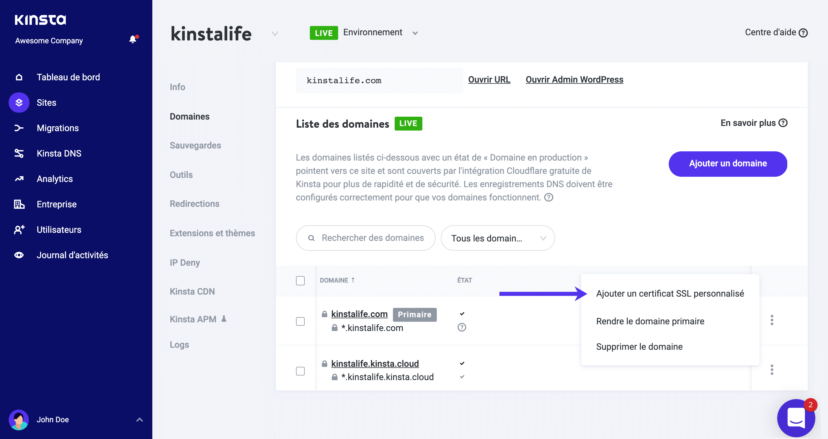 Ajouter un certificat SSL personnalisé.