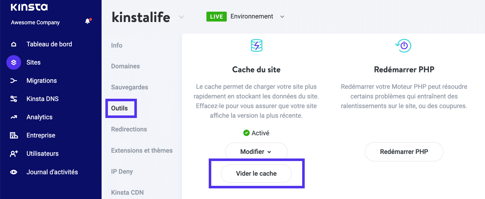 Vous pouvez vider le cache de votre site en utilisant MyKinsta.