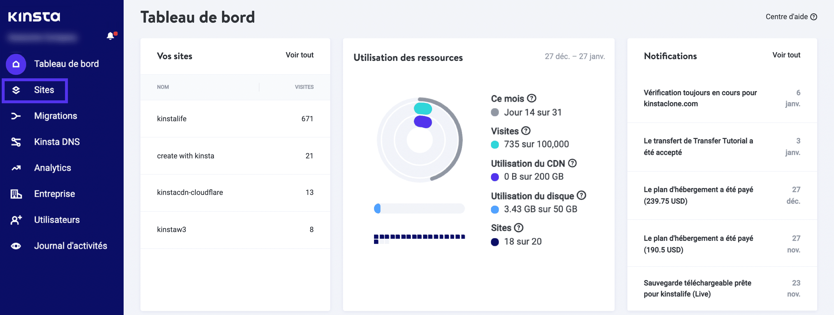 Tableau de bord MyKinsta