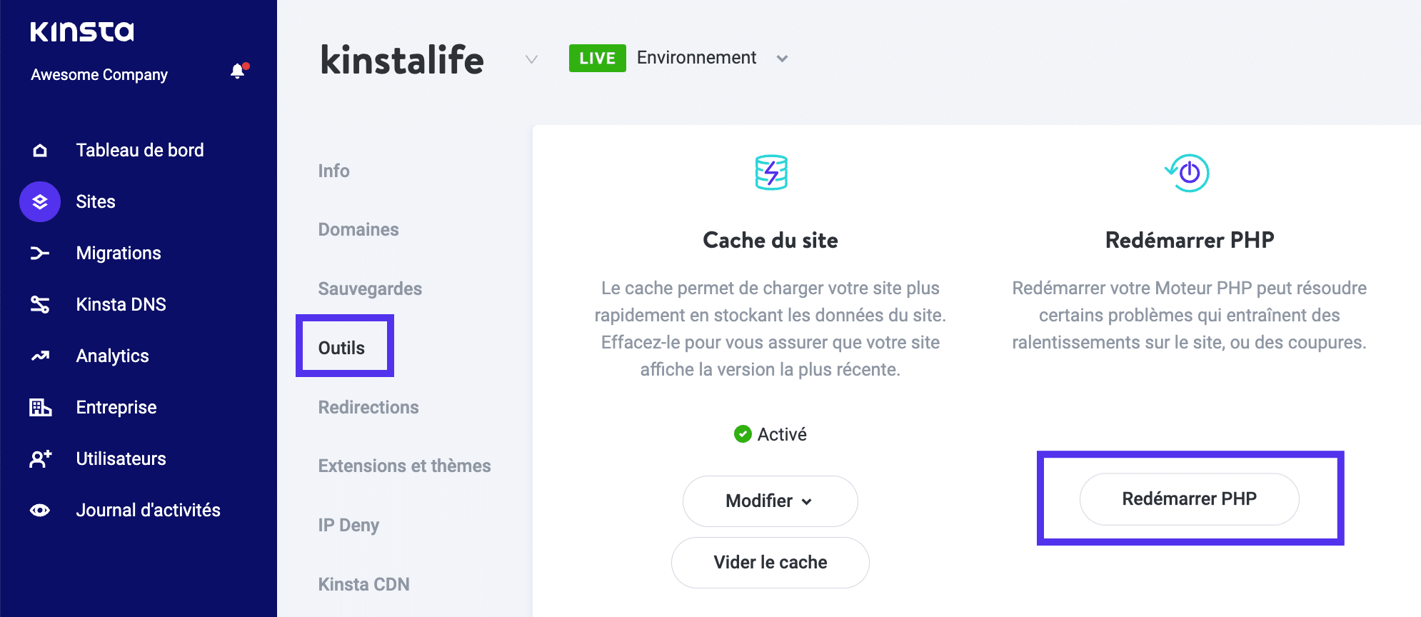 Vous pouvez redémarrer PHP dans le panneau de configuration MyKinsta.