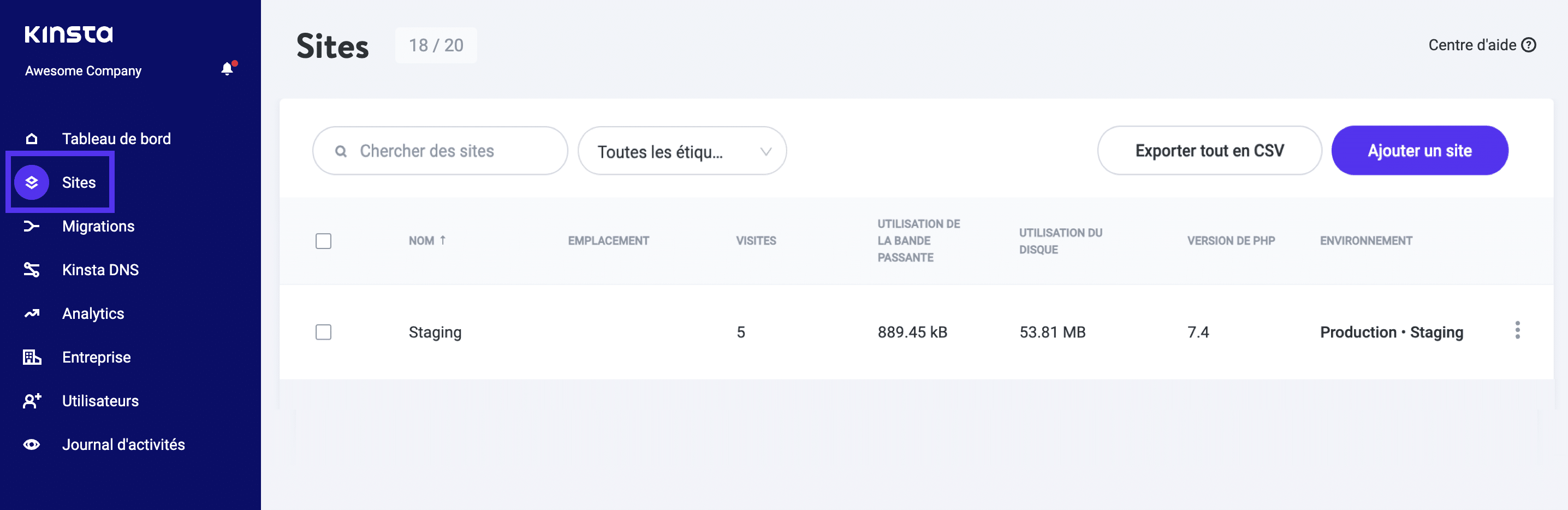 Sélectionnez votre site dans la liste de MyKinsta.