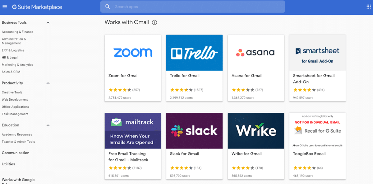 Page des modules de Gmail sur G Suite Marketplace